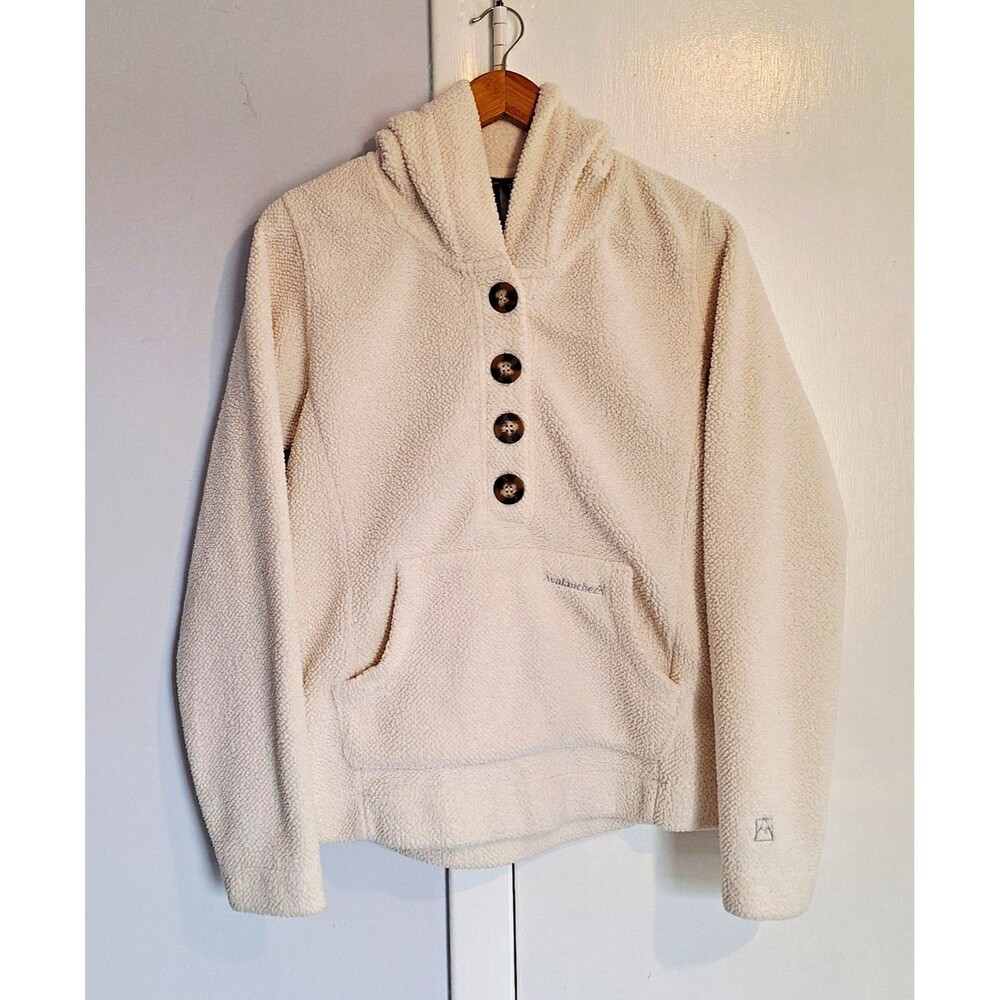 Avalanche Men’s Fleece Pullover Hoodie, Beige Button Front Kangaroo Pocket, M